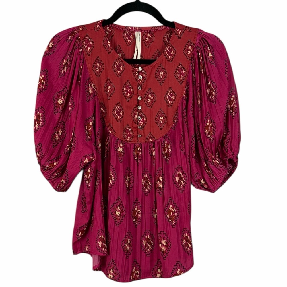 Anthropologie Boho Blouse Pink Red Print Puff Sleeve Button Front Size Small
